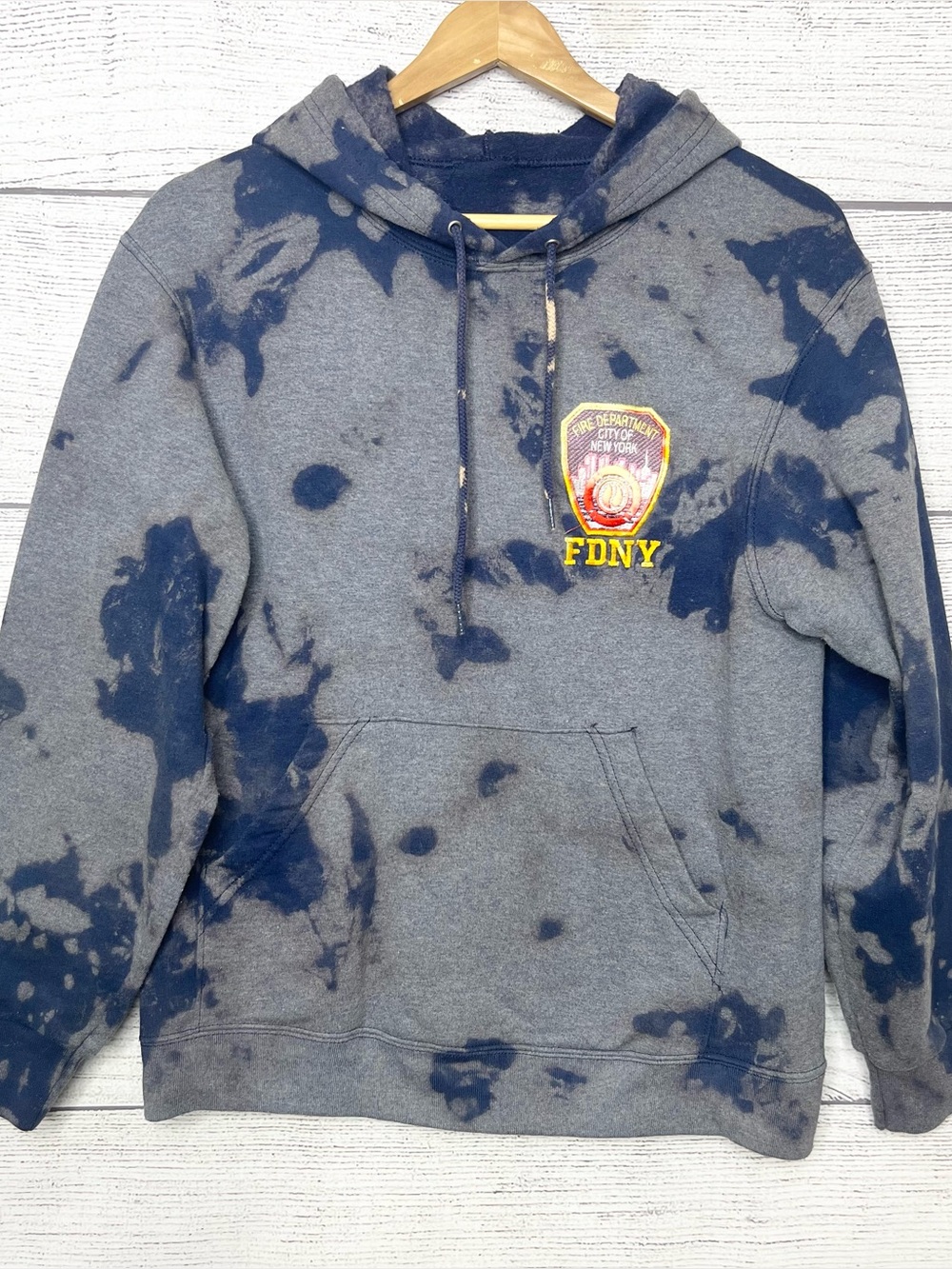 NY Fire Department Gray & Navy Blue Bleach Tie-Dye Pullover Hoodie Size Medium